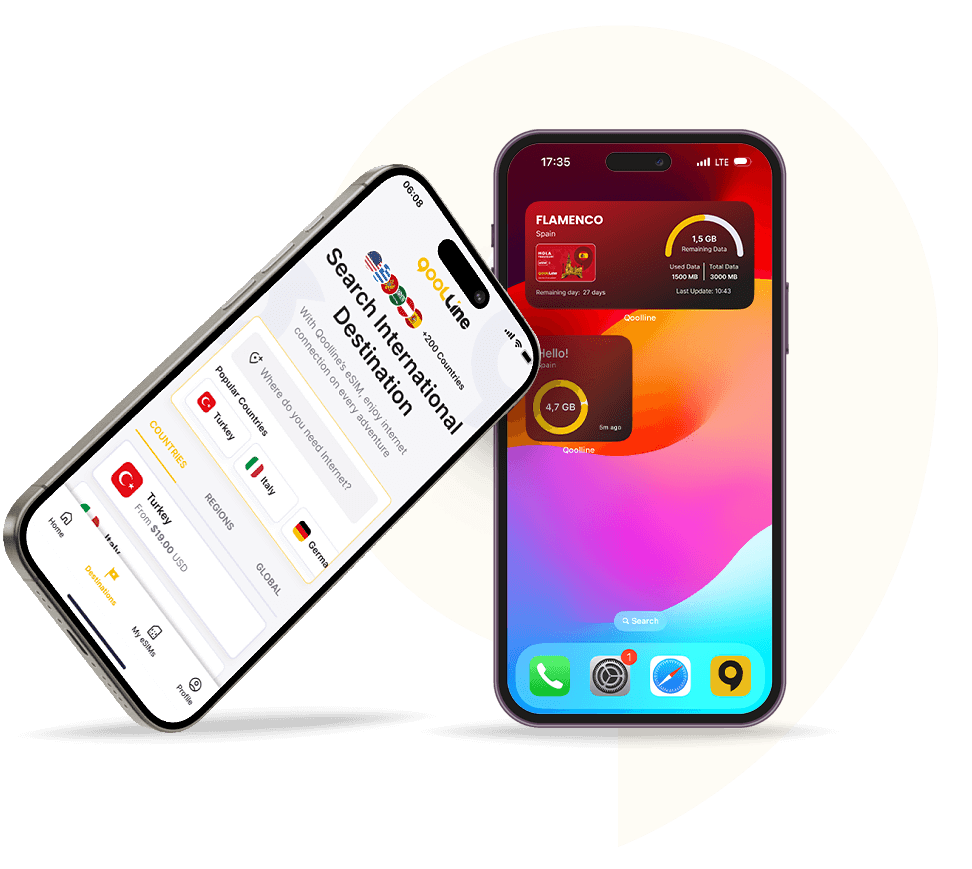 iPhone 15 showing Qoolline app for managing eSIMs, next to app download promo
