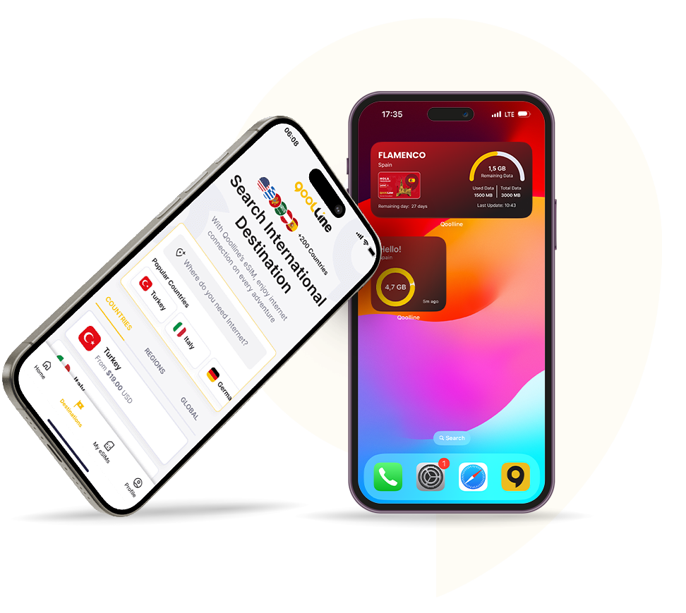 iPhone 15 showing Qoolline app for managing eSIMs, next to app download promo
